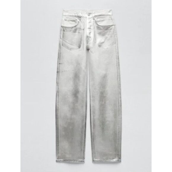 ZARA Metallic Mid-Rise Boyfriend Jean Silver‎ Sz 6 - Picture 3 of 9